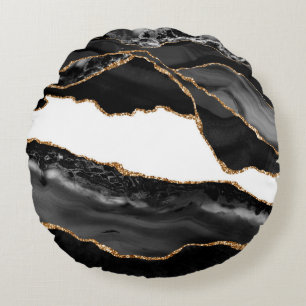 Coussins Ronds Faux Marblé Agate Black Stone Luxe Or