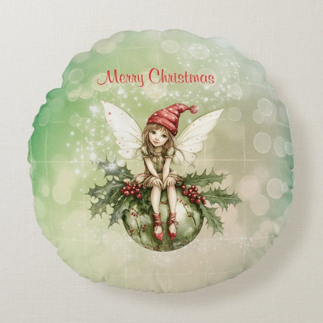 Coussins Ronds Fée de Noël mignonne sur un ornement (Devant)
