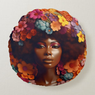 Coussins Ronds Femme afro-américaine Reine noire Melanin Poppin