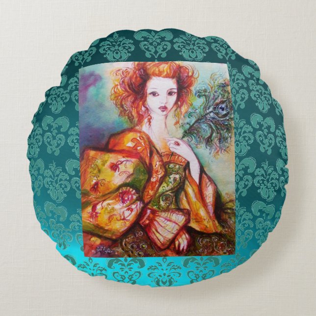 Coussins Ronds FEMME ROMANTIQUE AVEC PEACOCK ÉCLAIRANT PEUR Turqu (Devant)
