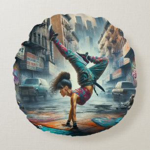 Coussins Ronds Femmes en action de Breakdancer Silhouette de New 