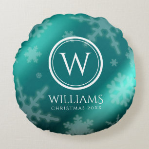 Coussins Ronds Festif Blue Foil Snowflakes Monogramme Nom