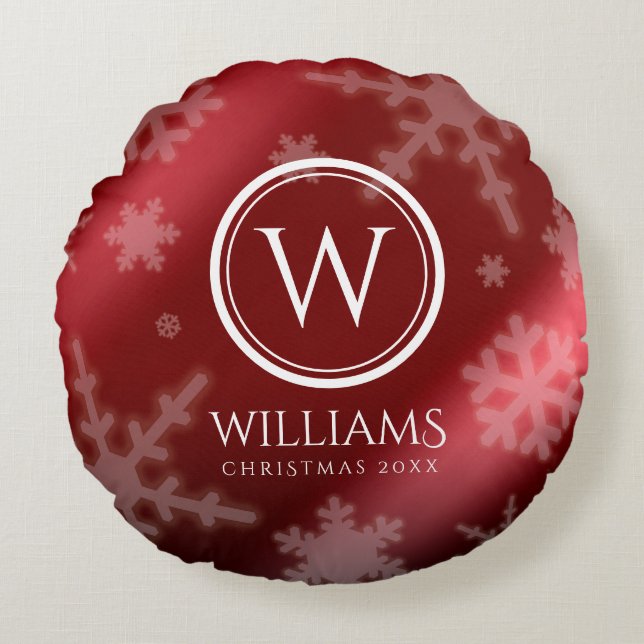 Coussins Ronds Festif Red Foil Snowflakes Nom du monogramme (Devant)