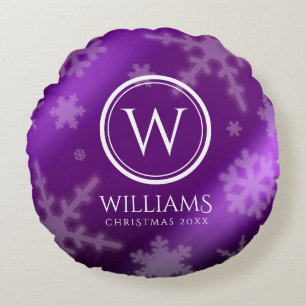 Coussins Ronds Festif Violet Foil Snowflakes Nom du monogramme