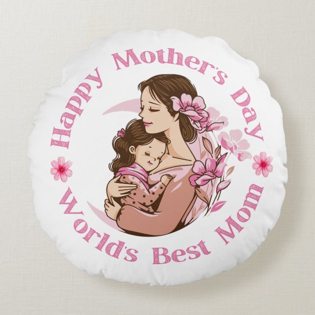 Coussins Ronds fête des mères heureuses, monde meilleur maman, ro (Devant)