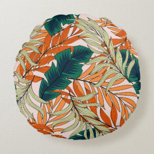 Coussins Ronds Feuille vert tropical beige, motif sans soudure.