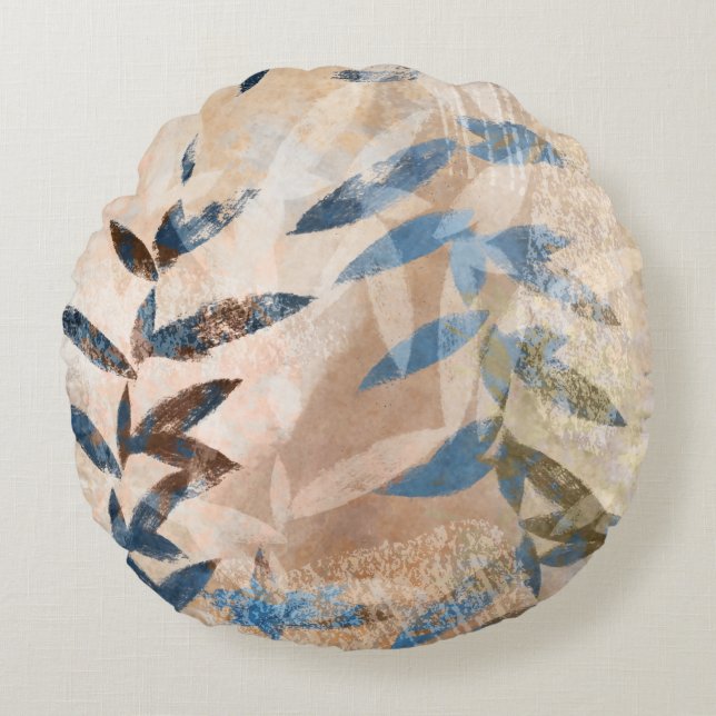 Coussins Ronds Feuilles à couche Abstraite - Bleu et Neutre (Devant)