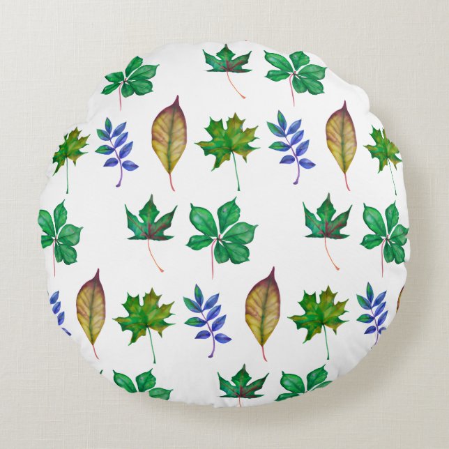 Coussins Ronds Feuilles d'aquarelle vert et bleu (Devant)
