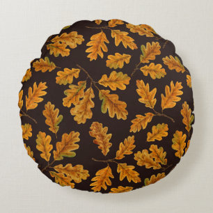 Coussins Ronds Feuilles de chêne automnal sur brun foncé