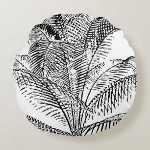 Coussins Ronds Feuilles de palmier noir et blanc Motif Abstrait