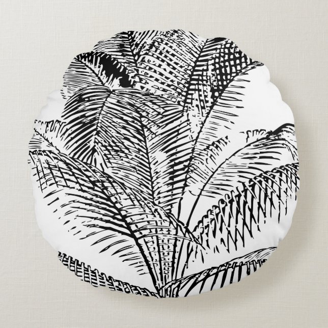 Coussins Ronds Feuilles de palmier noir et blanc Motif Abstrait (Devant)