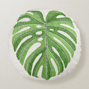 Coussins Ronds Feuilles de palmiers brodés. Monstère tropicale 