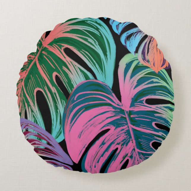 Coussins Ronds Feuilles de palmiers peints tropicaux (Devant)