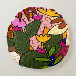 Coussins Ronds Feuilles et fleurs tropicales abstraites