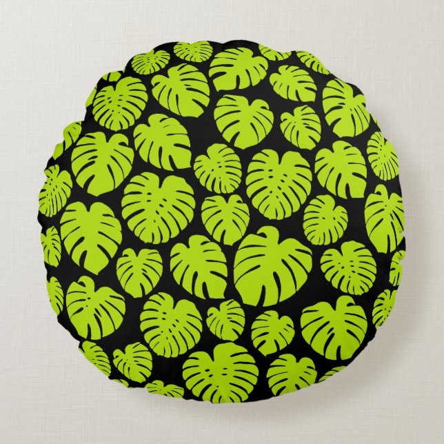 Coussins Ronds Feuilles Monstera en Lime Vert et noir (Devant)