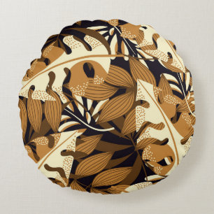 Coussins Ronds Feuilles Tropicales Brillantes Motif Foncé