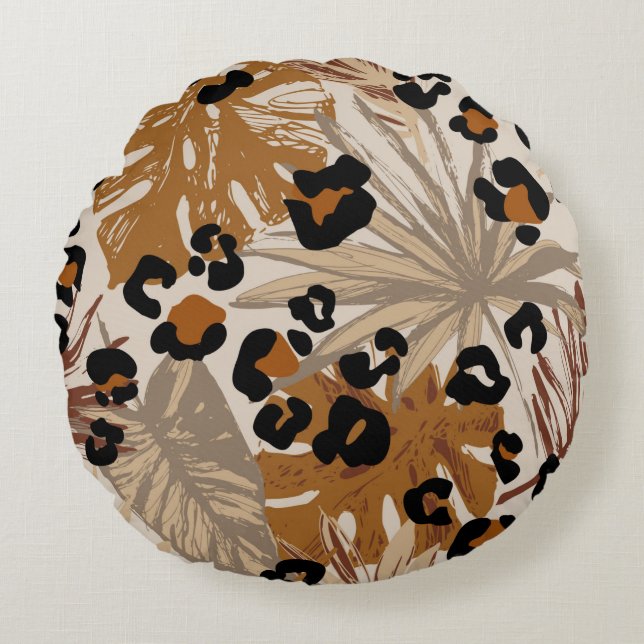 Coussins Ronds Feuilles tropicaux Abstraits et camoufle léopard g (Devant)