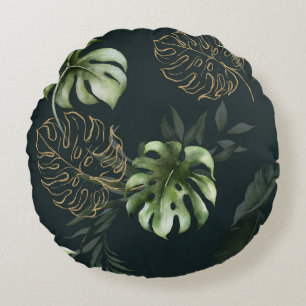 Coussins Ronds Feuilles Tropicaux en or : Aquarelle foncée