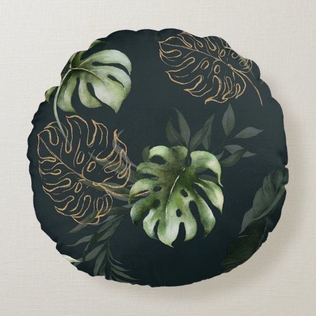 Coussins Ronds Feuilles Tropicaux en or : Aquarelle foncée (Devant)