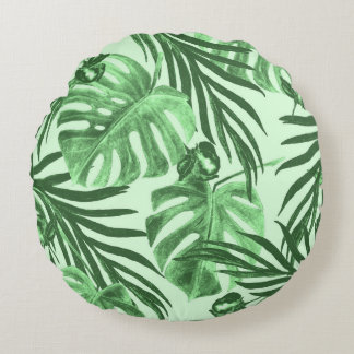 Coussins Ronds Feuilles tropicaux et fleurs, motif aquarelle.