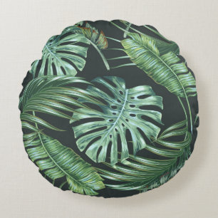 Coussins Ronds Feuilles tropicaux, monstère, feuille de bananier,