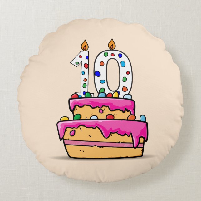 Coussins Ronds Fille 10e anniversaire, 10 sur le gâteau rose doux (Devant)