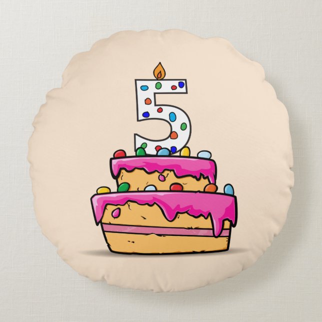 Coussins Ronds Fille 5e anniversaire, 5 sur Gâteau rose doux (Devant)