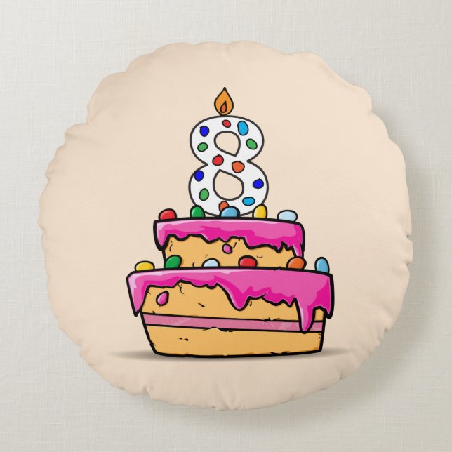 Coussins Ronds Fille 8e anniversaire, 8 sur Gâteau rose doux (Devant)