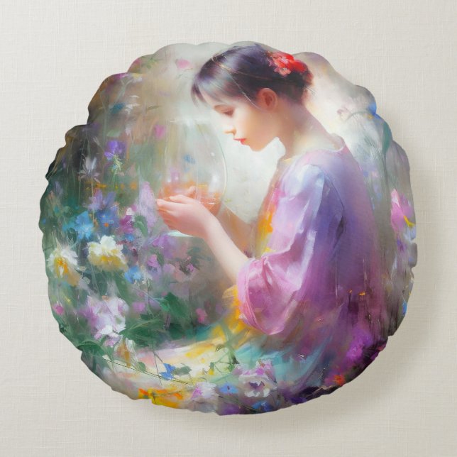 Coussins Ronds Fille admirant une fleur dans ses mains  (Devant)