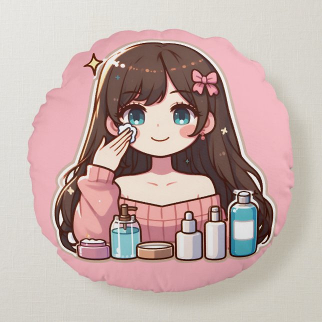 Coussins Ronds Fille appliquant des soins skincare art mignon des (Devant)