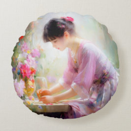Coussins Ronds Fille dans le jardin des fleurs