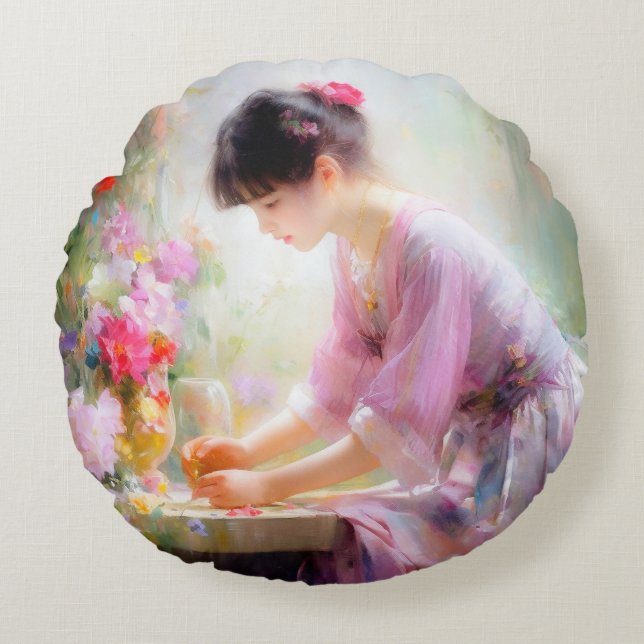 Coussins Ronds Fille dans le jardin des fleurs (Devant)