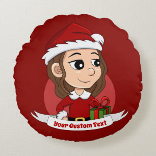 Coussins Ronds Fille de Noël aux cheveux bruns ondulés