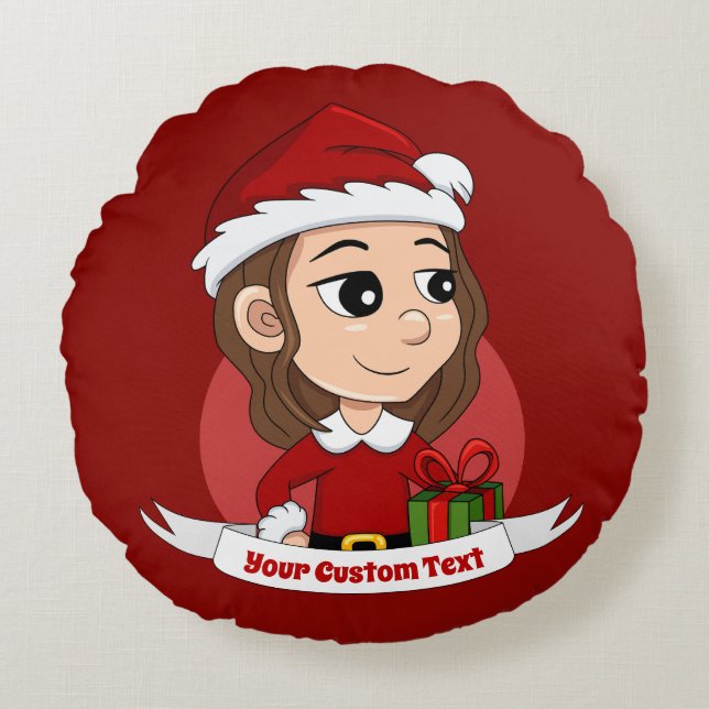 Coussins Ronds Fille de Noël aux cheveux bruns ondulés (Devant)