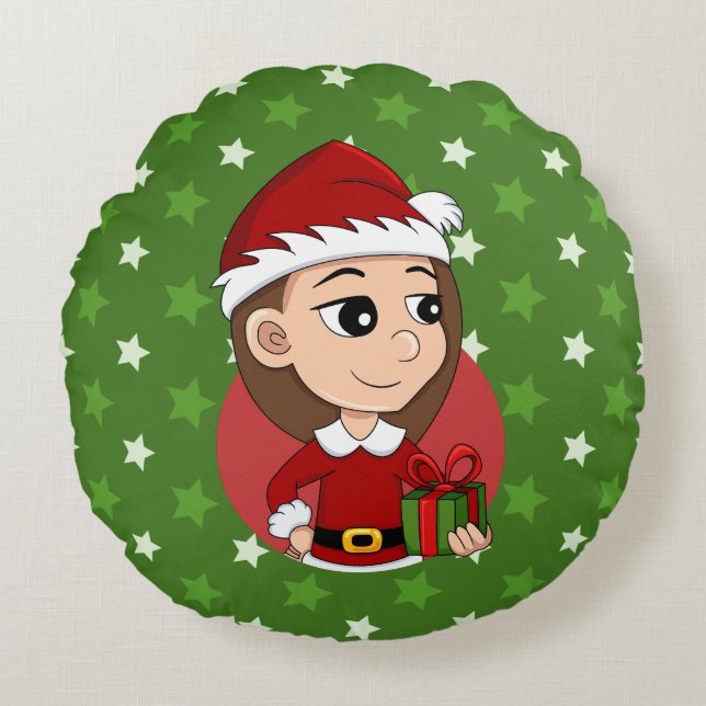 Coussins Ronds Fille de Noël avec cheveux longs bruns (Devant)