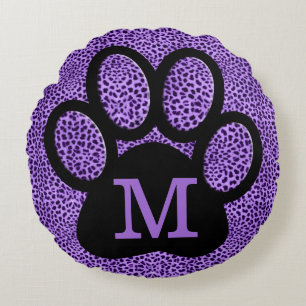 Coussins Ronds Fille Empreinte de patte pourpre avec Monogramme à