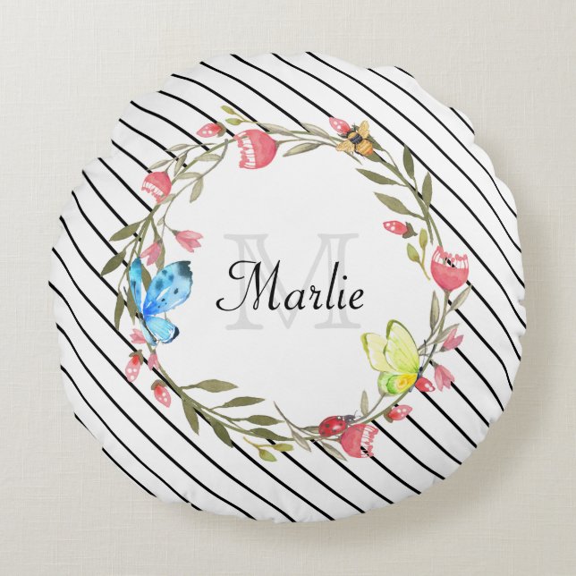 Coussins Ronds Fille Papillon floral mince bandes et nom noir (Devant)