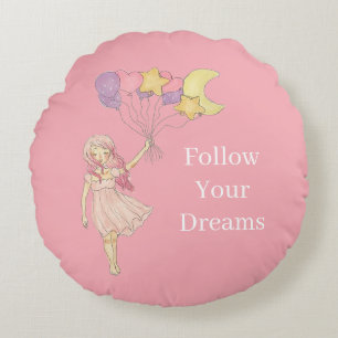 Coussins Ronds Fille Rose Jaune Violet Cœur Étoiles Lune Ballons