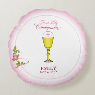 Coussins Ronds Fille Rose Première Communion, Calice, Hostie, Ros