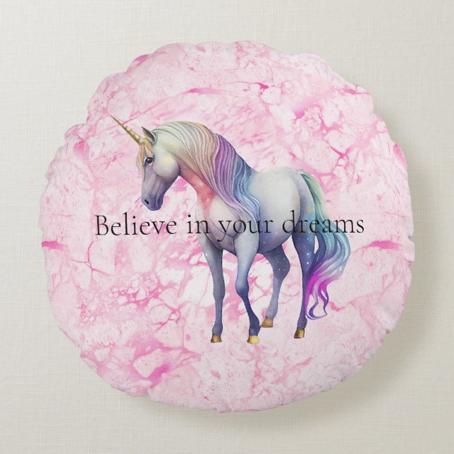 Coussins Ronds Fille Tourbillonnant Unicorne Rose (Devant)