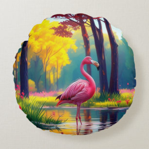 Coussins Ronds Flamant rose debout dans le lac-365476