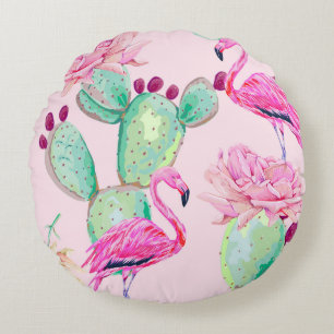 Coussins Ronds flamant rose, oiseaux exotiques, fleurs douces, ro
