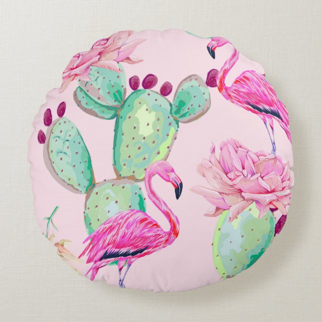 Coussins Ronds flamant rose, oiseaux exotiques, fleurs douces, ro (Devant)