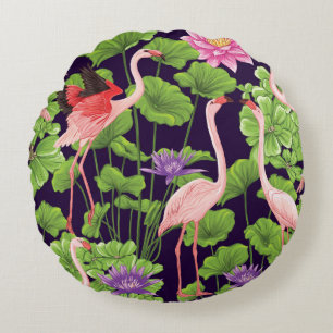 Coussins Ronds Flamant rose, plantes tropicaux, arrière - plan no