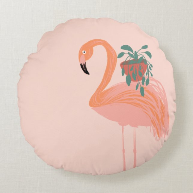Coussins Ronds Flamant rose tropical avec main Plante pointillée  (Devant)