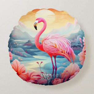 Coussins Ronds Flamant Tropical avec Fleurs