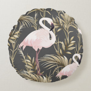 Coussins Ronds flamants roses et plantes dorés sans couture motif