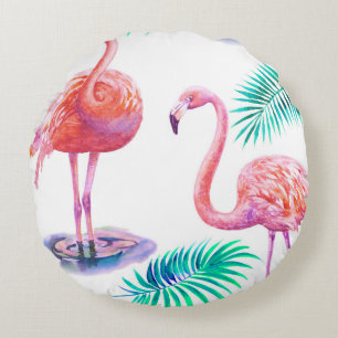 Coussins Ronds Flamants roses tropicaux : Orchidées Aquarelle tra
