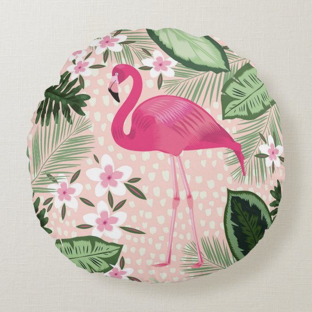 Coussins Ronds Flamingo and palm trees seamless pattern illustrat (Devant)