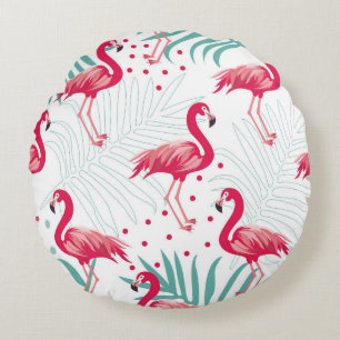 Coussins Ronds Flamingo tropical et feuille, motif d'été.